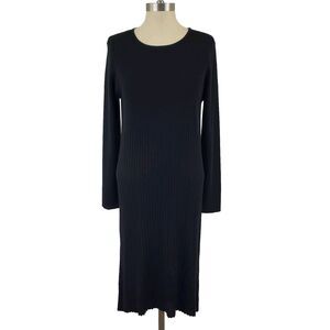 Eileen Fisher Longsleeve Ribbed Knit Wool Midi Dress Black Old Money Classic M